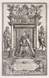 Rainha Elizabeth I (1533-1603) como Patrono da Geografia e Astronomia, Frontispício de um livro de Mapas Saxões da Inglaterra, 1579 de English School