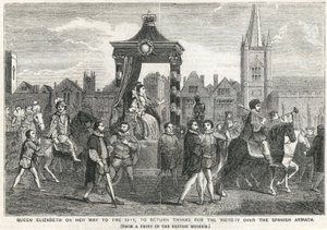 Rainha Elizabeth I a caminho da cidade para retornar obrigado pela vitória sobre a Armada Espanhola de English School