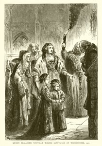 Rainha Elizabeth Wydville tomando Sanctuary em Westminster, 1471 de English School