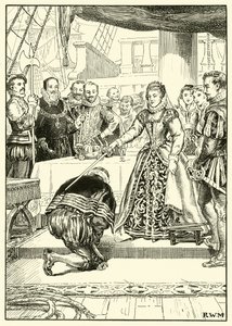 Rainha Elizabeth a bordo do Golden Hind (tinta no papel) de English School