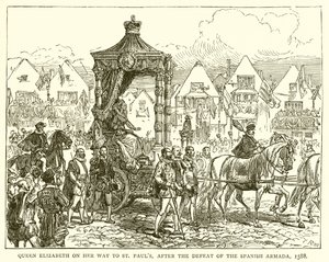 Rainha Elizabeth em seu caminho para St. Pauls, após a derrota da armada espanhola, 1588 de English School