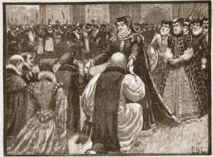 Rainha Maria e os prisioneiros do estado na torre, ilustração da história ilustrada de Cassells da Inglaterra (foto sépia) de English School