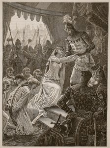 Rainha Philippa intercedendo pelas Burghesses de Calais, ilustração de Cassells Illustrated History of England (foto em sépia) de English School