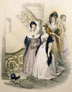 A Rainha Vitória numa escadaria com damas de companhia de English School