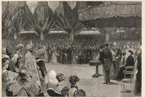 Rainha Vitória abrindo o Instituto Imperial do Reino Unido, as colônias e a Índia em Londres, em maio de 1893. de English School