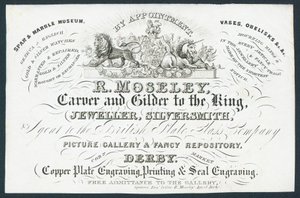 R Moseley, escultor e dourador para o rei, cartão de comércio de English School