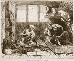 Estrada de ferro viajando na Índia, ilustração de história ilustrada de Cassells da Inglaterra de English School