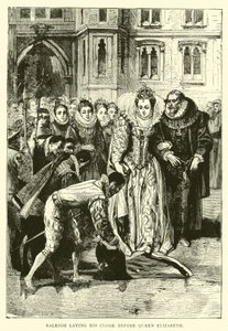Raleigh, colocando seu manto diante da rainha Elizabeth de English School