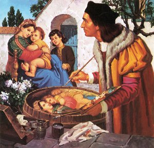 Raphael pintando madonna e criança no topo de um barril de vinho de English School