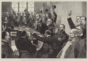 Reeleição do Sr. Parnell como Líder do Partido Irlandês, em 25 de novembro de 1890, na Sala 15 do Comitê, Câmara dos Comuns. de English School