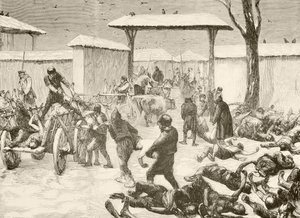 Recuperação dos mortos após o cerco de Plevna, Bulgária, em 1877 (litografia) de English School