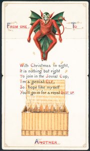 Diabo vermelho e cesta de vime, cartão de Natal de English School