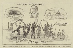 Fac-simile reduzido de um Placard "No Rent" colocado no Portão da Capela em Kilfinane (gravura) de English School