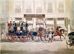Regent "s Circus, Beaufort Coach Começando pelo Bull and Mouth, por Shayer e Hunt de English School