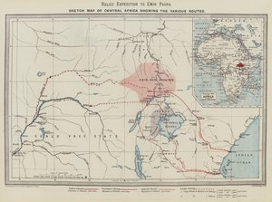 Expedição de Relevo a Emin Pasha, Mapa de Esboço da África Central mostrando as Várias Rotas (cor litho) de English School