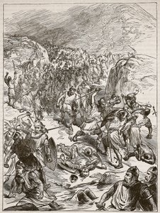 Repulsa dos ingleses em Corwen, ilustração de Cassells Illustrated History of England (foto em sépia) de English School