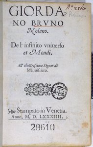 Res 28610 Página de título do De lInfinito Universo et Mondi de Giordano Bruno, publicado em Londres, 1584 (impresso) de English School