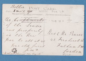 Verso do cartão dos jogadores do Bolton Wanderes FC, 1911-12 de English School
