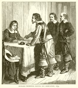 Richard Cromwell assinando sua abdicação, 1659 de English School