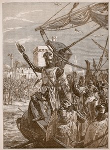 Richard desembarque em Jaffa, ilustração da história ilustrada de Cassells da Inglaterra (foto sépia) de English School