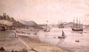 Paisagem fluvial com navegação e o Dover Coach, c.1800 (caneta e lavagem) (par de 72977) de English School