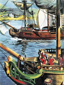 Robert Clive navega pela Baía de Bengala até a foz do rio Ganges de English School