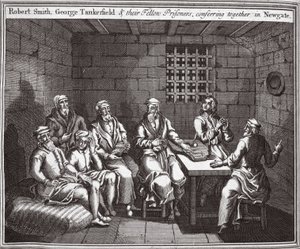 Robert Smith, George Tankerfield e seus companheiros de prisão, reunidos em Newgate, ilustração de Foxes Martyrs c.1703 de English School