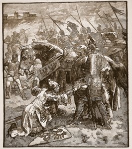 Robert pedindo o perdão de seus pais, ilustração da história ilustrada de Cassells da Inglaterra (foto sépia) de English School