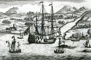 Robinson Crusoe, escapando do Camboja, entra em um porto na parte norte da China de English School