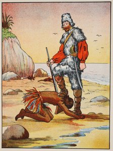 Robinson Crusoe e sexta-feira, ilustração da história de Robinson Crusoe: Uma adaptação para crianças seguindo a linguagem Defoes, pub. por Griffith Farran Browne & Co. Limited, Londres de English School
