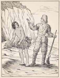 Robinson Crusoe e sexta-feira, ilustração da história de Robinson Crusoe: Uma adaptação para crianças seguindo a linguagem Defoes, pub. por Griffith Farran Browne & Co. Limited, Londres de English School