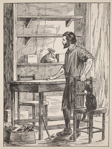 Robinson Crusoe construindo mesa e cadeiras para sua caverna, ilustração da história de Robinson Crusoé: Uma adaptação para crianças seguindo a linguagem Defoes, pub. de Griffith Farran Browne & Co. Limite de English School