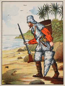 Robinson Crusoe, ilustração da história de Robinson Crusoé: Uma adaptação para crianças seguindo a linguagem Defoes, pub. por Griffith Farran Browne & Co. Limited, Londres de English School