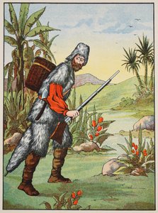 Robinson Crusoe, ilustração da história de Robinson Crusoé: Uma adaptação para crianças seguindo a linguagem Defoes, pub. por Griffith Farran Browne & Co. Limited, Londres de English School