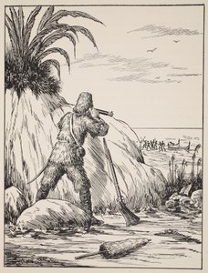 Robinson Crusoe, ilustração da história de Robinson Crusoé: Uma adaptação para crianças seguindo a linguagem Defoes, pub. por Griffith Farran Browne & Co. Limited, Londres de English School