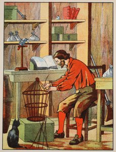 Robinson Crusoe fazendo uma gaiola para seu papagaio, ilustração da história de Robinson Crusoé: Uma adaptação para crianças seguindo a linguagem Defoes, pub. por Griffith Farran Browne & Co. Limited, Londres de English School