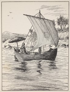 Robinson Crusoe em seu barco, ilustração da história de Robinson Crusoé: Uma adaptação para crianças seguindo a linguagem Defoes, pub. por Griffith Farran Browne & Co. Limited, Londres de English School