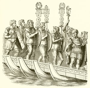 Soldados romanos atravessando uma ponte de barcos de English School