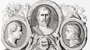 Autores romanos, da esquerda para a direita, Horace, Terence e Virgil, de Ward and Lock