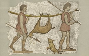 mosaico romano, mostrando dois homens carregando um veado (cor litho) de English School