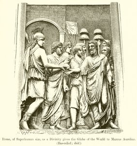 Roma, de Tamanho Sobre-Humano, como uma Divindade, dá o Globo do Mundo a Marco Aurélio. (Baixo-relevo; ibid) de English School
