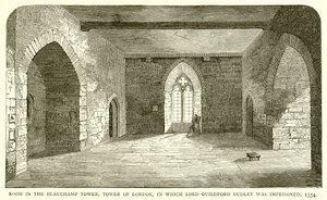 Sala na Torre de Beauchamp, Torre de Londres, na qual Lord Guildford Dudley foi aprisionado, 1554 de English School