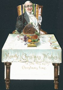 Homem de Rotund na mesa, cartão de Natal de English School