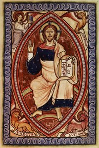 Roy 2 A XXII f.14 Cristo em Majestade com Símbolos dos Evangelistas, do Saltério de Westminster, c.1250 (velino) de English School