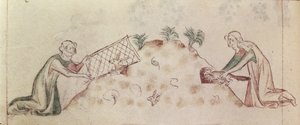 Roy 2 B VII f.155v Mulheres que apanham um coelho com uma rede e um furão, da 