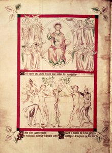 Roy 2 B VII f.3v Deus numa mandorla rodeada de anjos músicos, Tentação de Eva, da Rainha Maria Salter, c.1310-20 (vellum) de English School