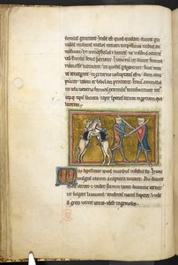 Real 12 F.XIII, f.42v Dois cavaleiros lutando a pé com espadas, enquanto seus cavalos lutam entre si nas patas traseiras. , de Bestiário (ff. 3-141), Lapidary (ff. 141v-149)  , 2º quartel do século 13 (velino) de English School