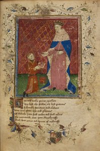 Royal 17 D. VI, f.40 Thomas Hoccleve ajoelhado no acto de oferecer o seu livro ao Rei Henrique V, ilustração de 
