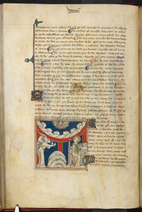 Royal 19 B.XV, f.17v Uma boca de leão e num arco invertido de nuvem seis cabeças representando os sete trovões: em baixo, à esquerda, o anjo, e à direita, João prestes a escrever no livro, de 