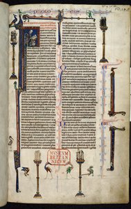Real 1 D I, f.1r, Jerônimo, frades em colunas, da Bíblia de Guilherme de Devon (vellum) de English School